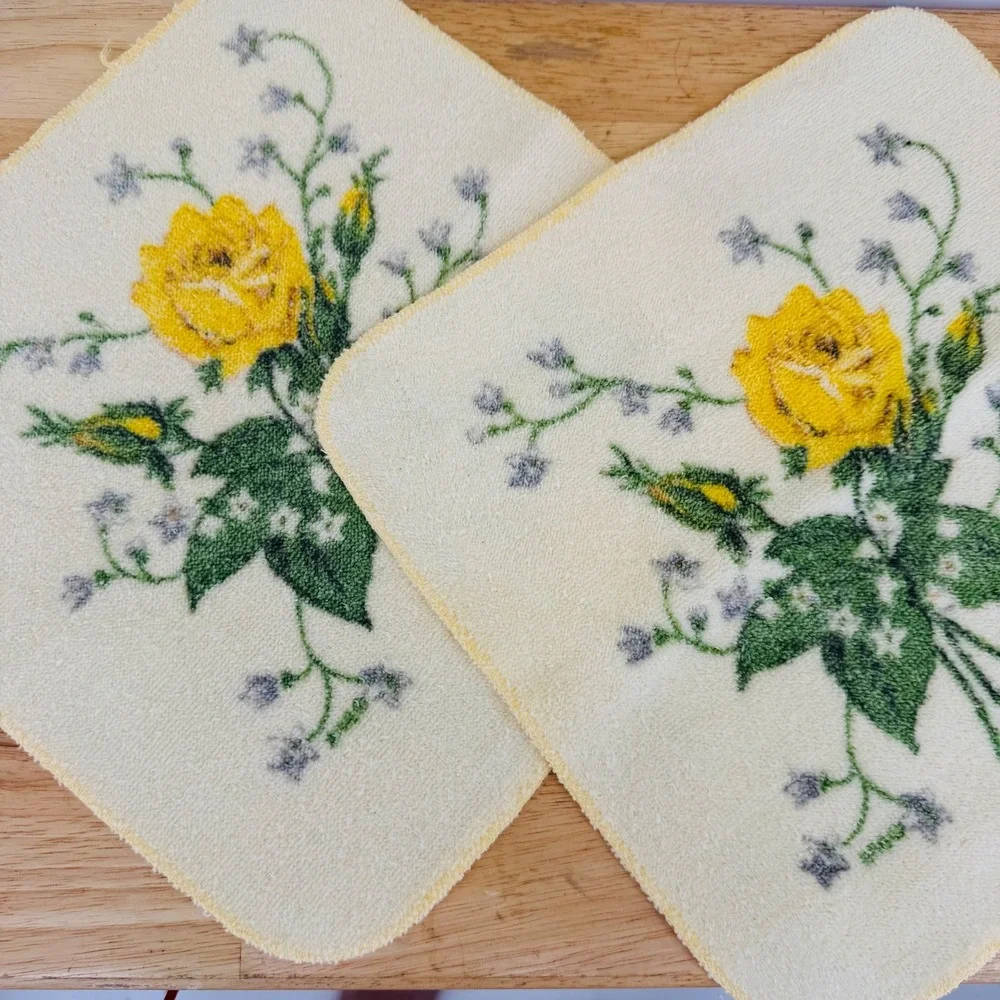 Vintage RA Briggs Yellow Rose Floral Towel Set 6pc Cotton Made in USA Retro MCM